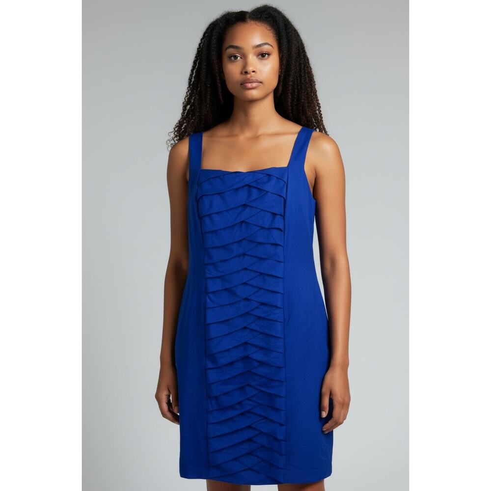 Vintage Blue Pleated‎ Sheath Dress Knee Length Lined Women's 14